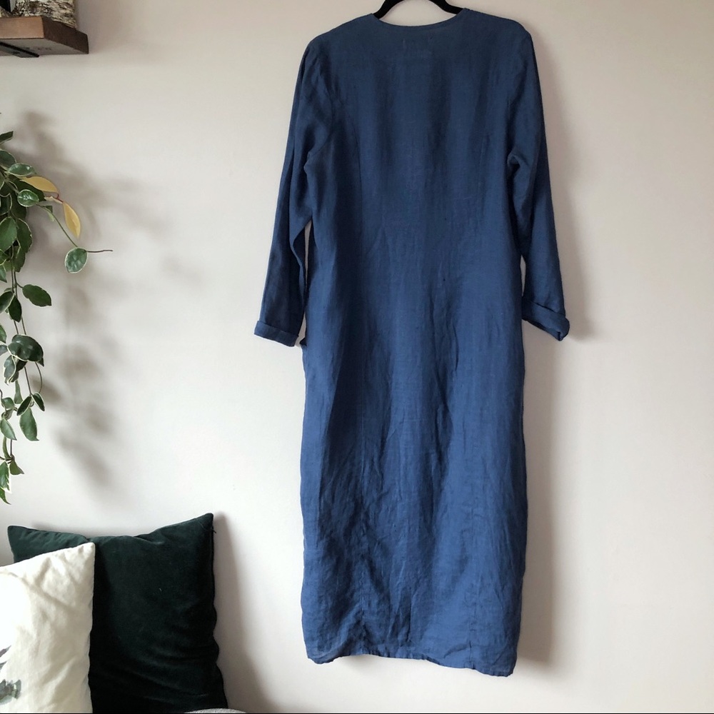 FLAX linen maxi button up dress long sleeve S blue - Picture 7 of 9